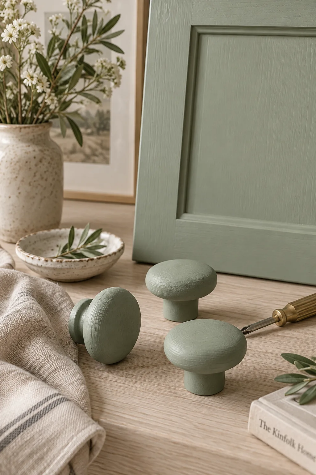 Large wooden cabinet knobs painted the exact same muted green as the cabinet doors.