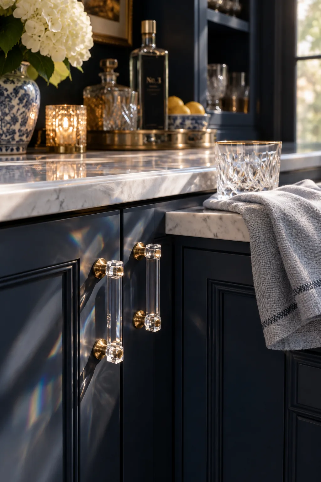 Clear acrylic lucite pulls with brass ends on dark kitchen pantry cabinets.