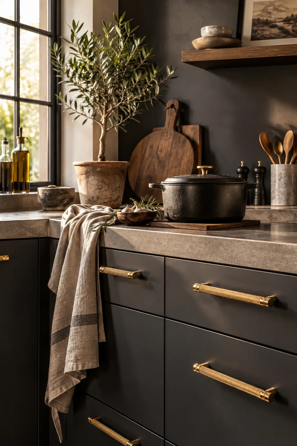 Close-up of diamond-cut knurled brass bar pulls on matte kitchen cabinets.