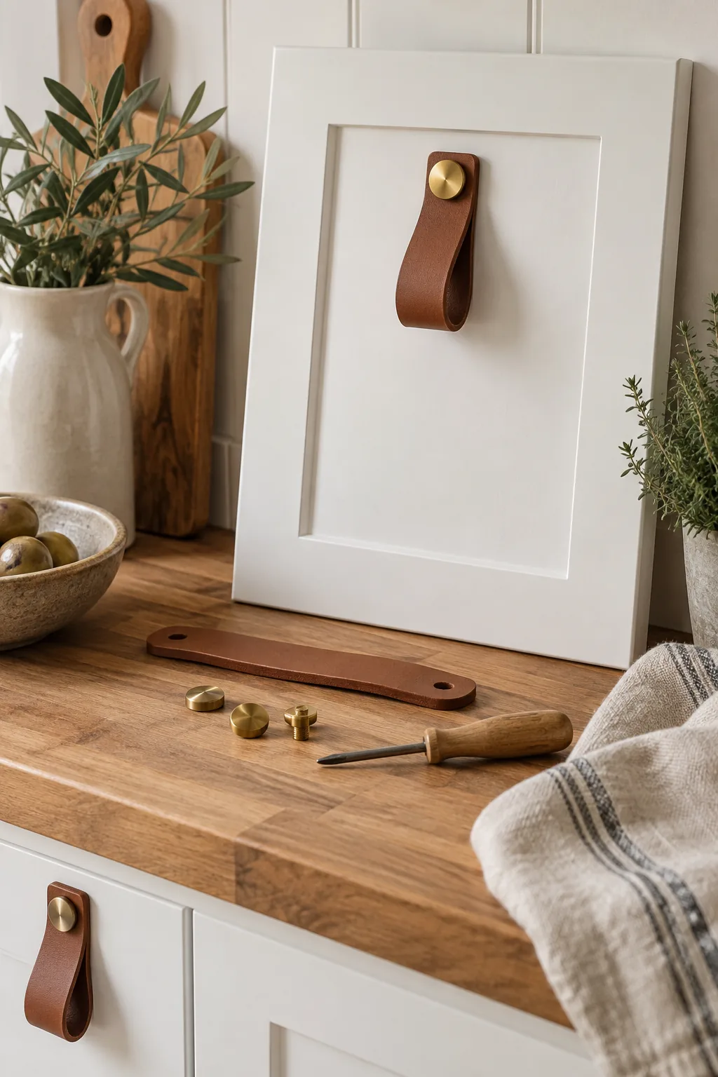 Warm leather drawer pulls with brass washers on white kitchen cabinets.