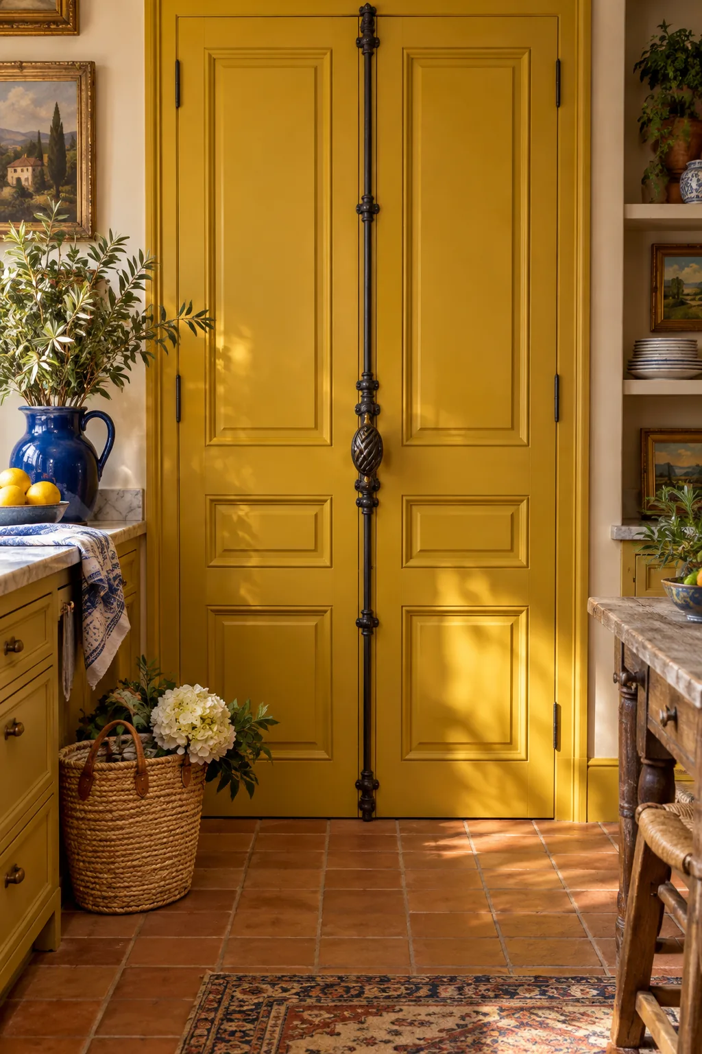 Tall pantry doors featuring a full-length antique iron cremone bolt locking mechanism.
