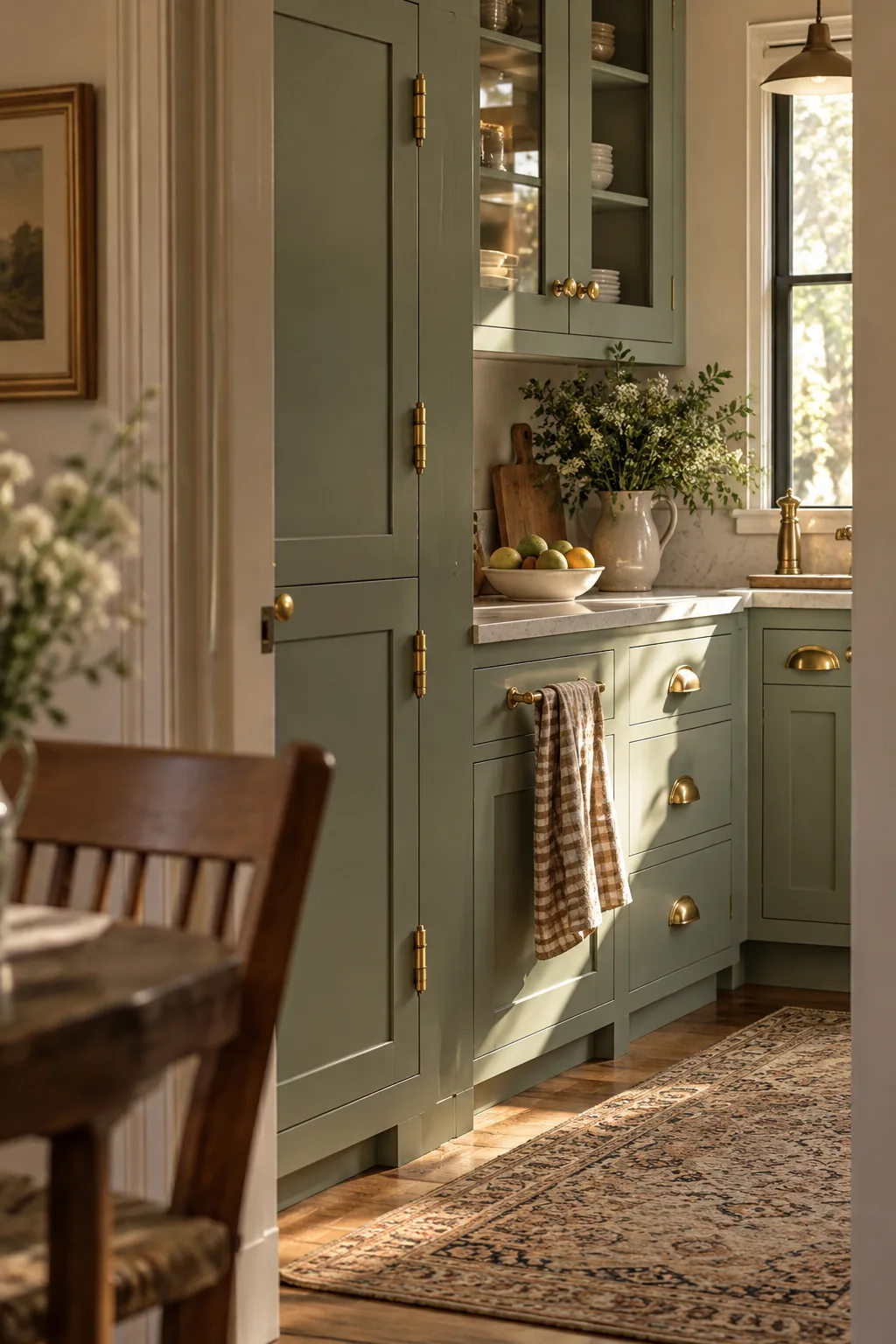 Traditional inset cabinet door showing matching satin brass barrel hinges and pulls.
