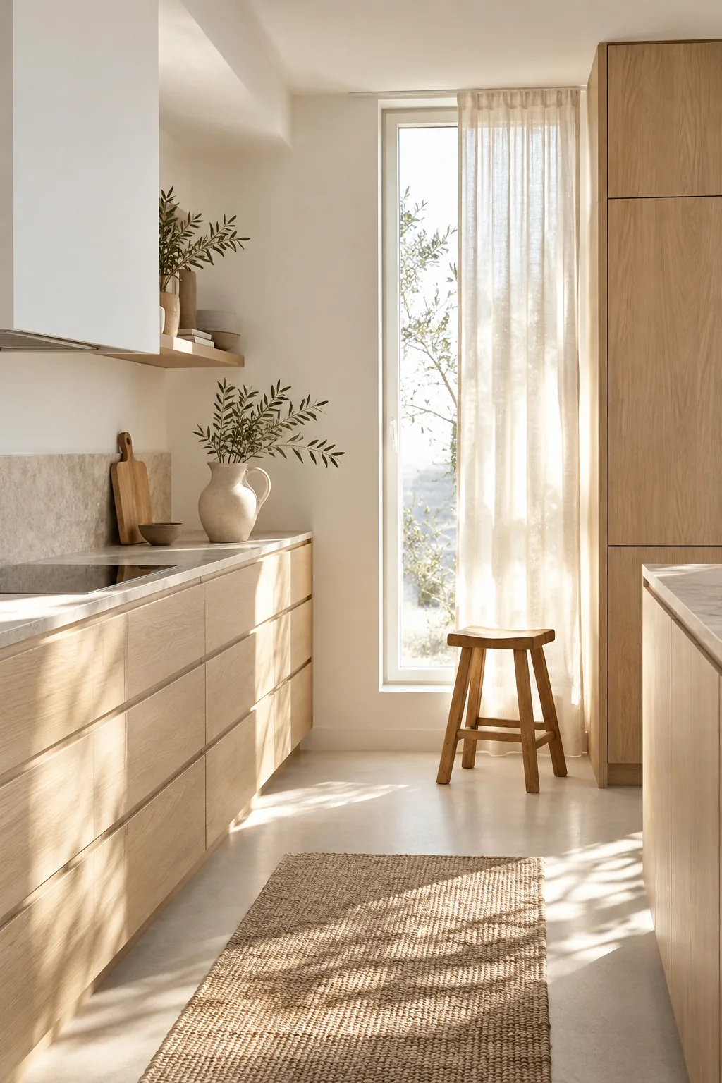 Minimalist wooden kitchen drawers with routed integrated finger channels instead of metal pulls.