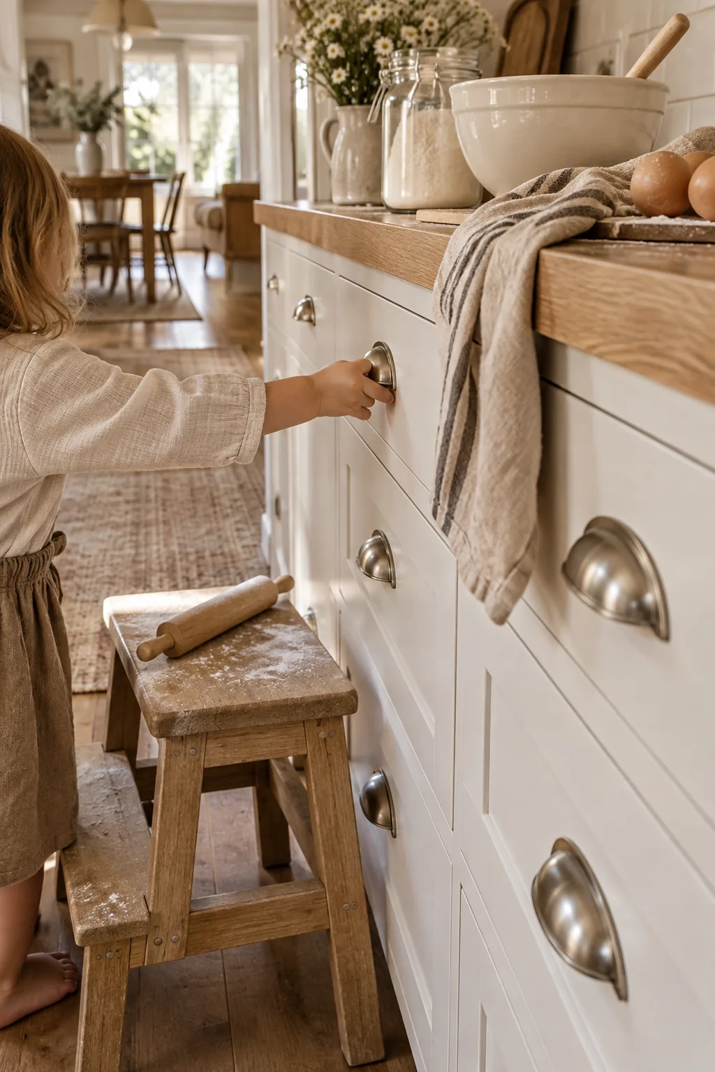 Traditional metal bin pulls on heavily used lower kitchen drawers.