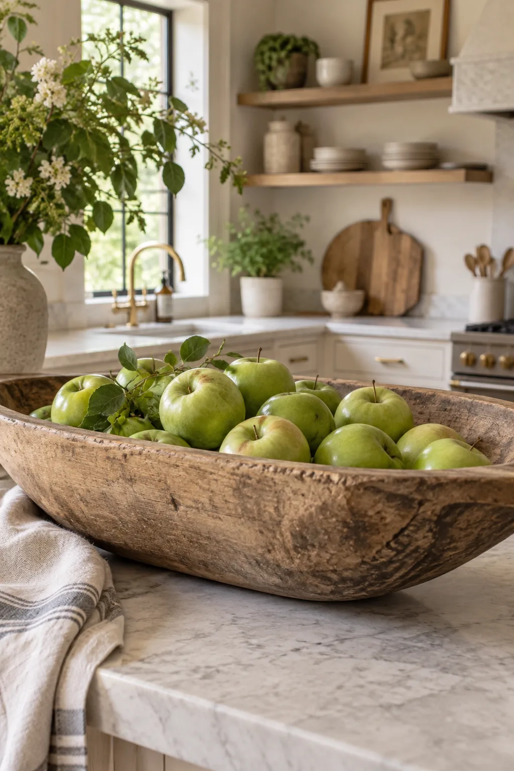 Large wooden dough bowl filled with green apples sitting on a white quartz kitchen island