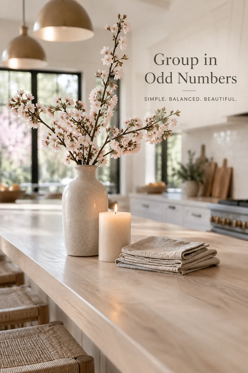 Tall white ceramic vase with branches next to a candle and folded linen napkins on a kitchen island