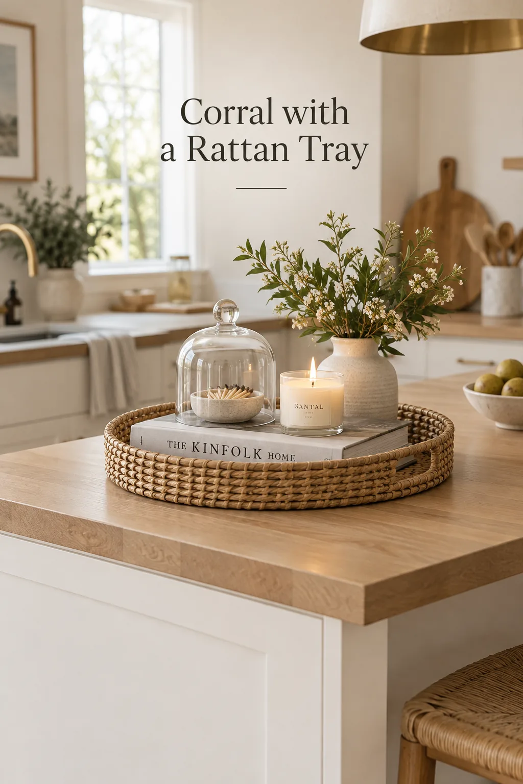 Round woven rattan tray holding a cookbook, glass cloche, and candle on a dark kitchen island