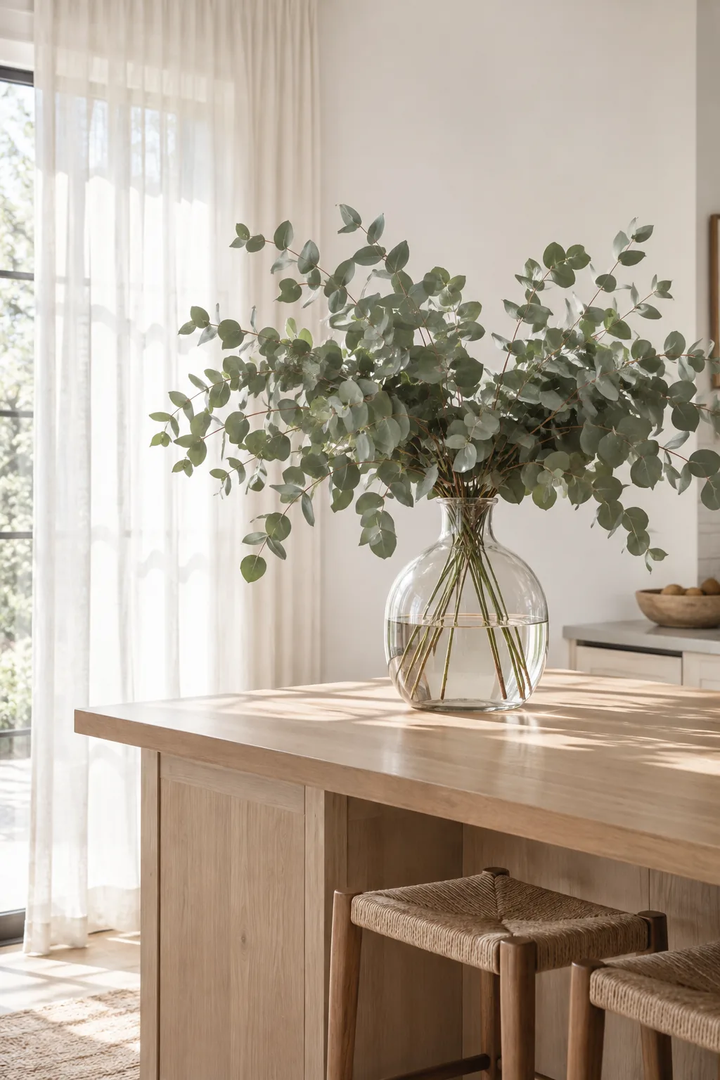 Large clear glass jug filled with tall eucalyptus branches on a minimalist kitchen island