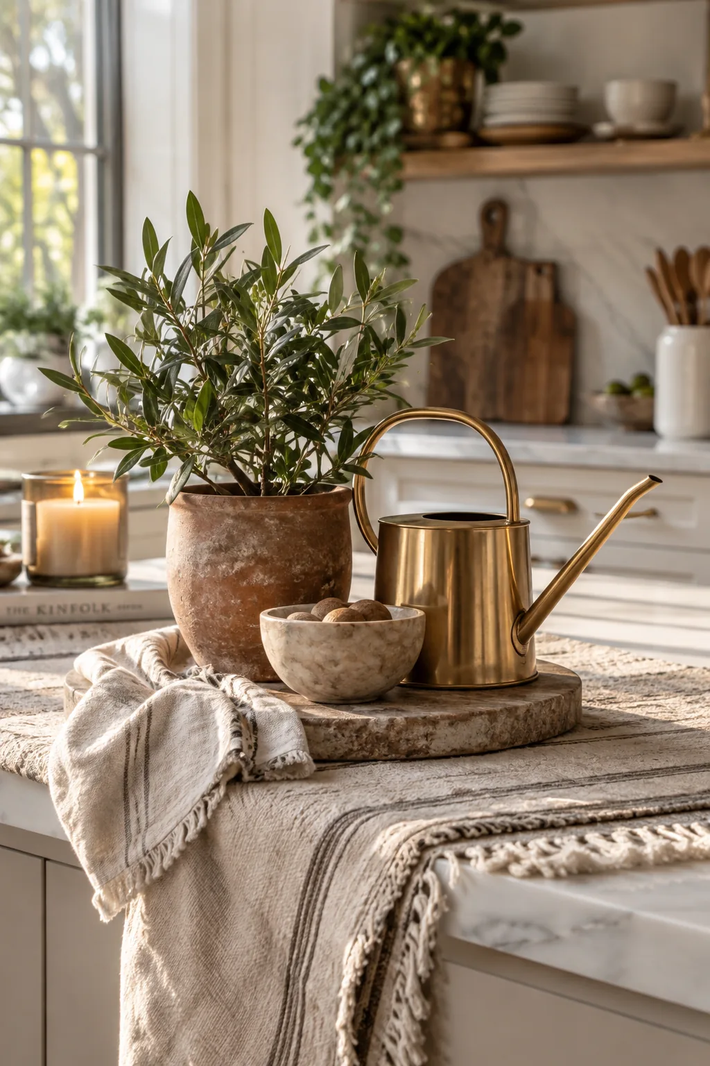 Brass watering can paired with a weathered terracotta pot on a cotton runner