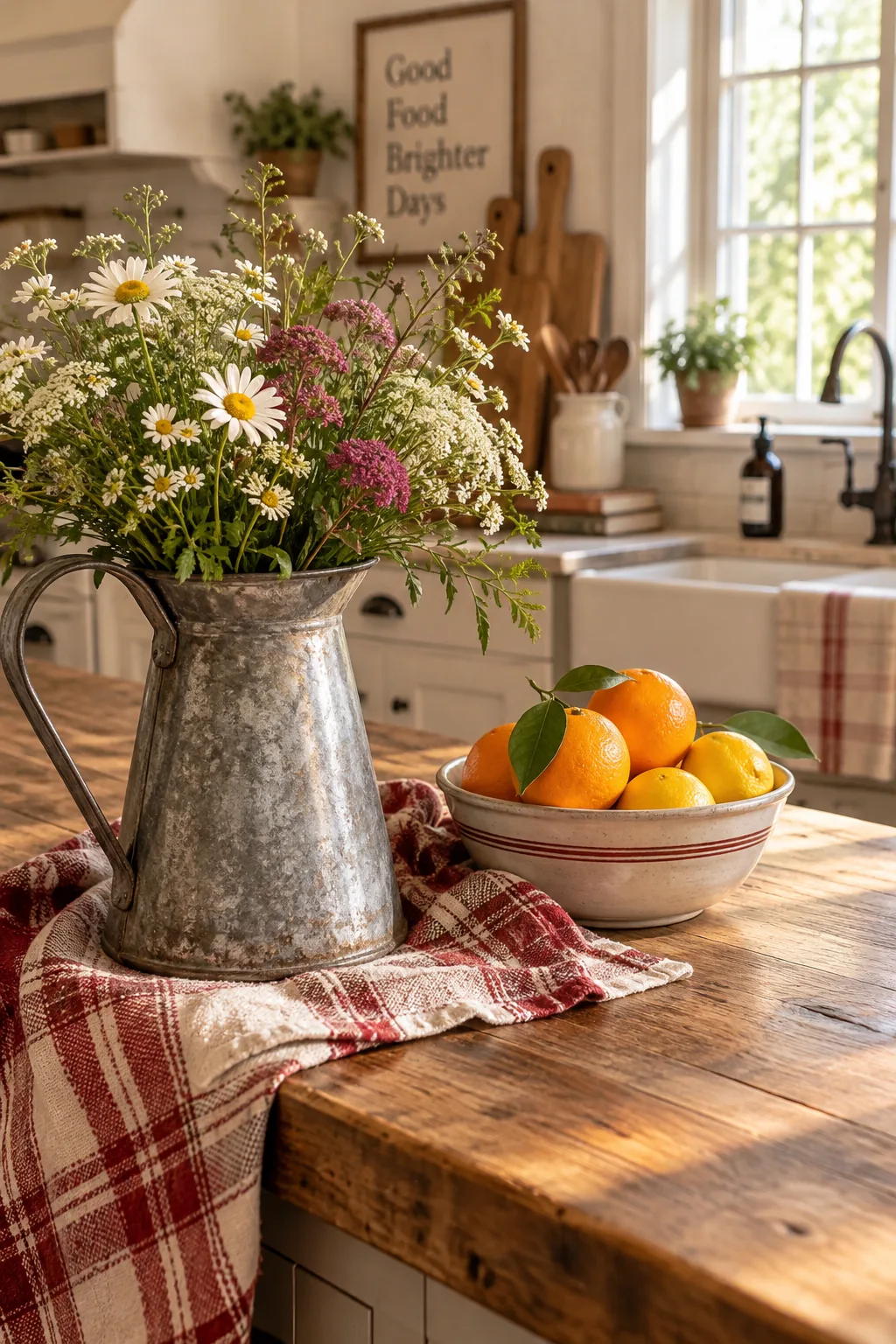 Galvanized metal pitcher filled with wildflowers sitting on a folded plaid dish towel