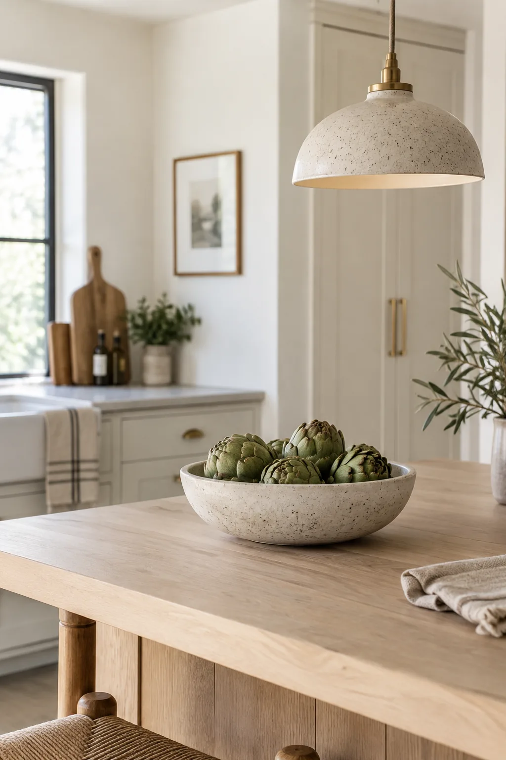 Low gray stoneware bowl filled with fresh green artichokes on a kitchen island
