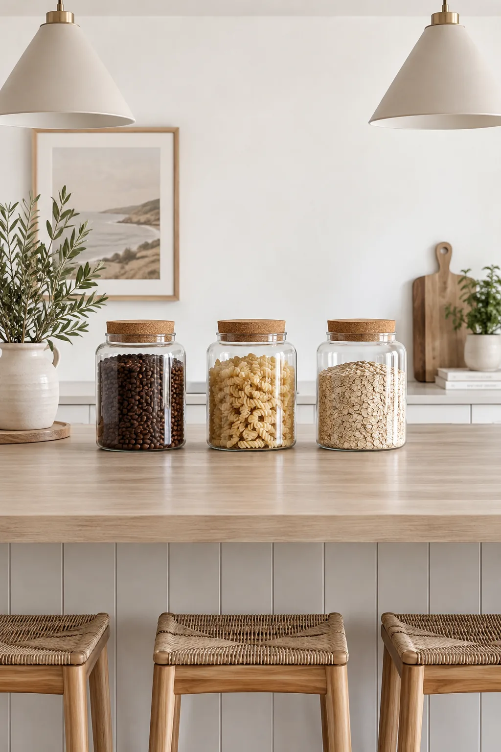 Three matching glass apothecary jars filled with coffee beans, pasta, and oats lined up on a kitchen island
