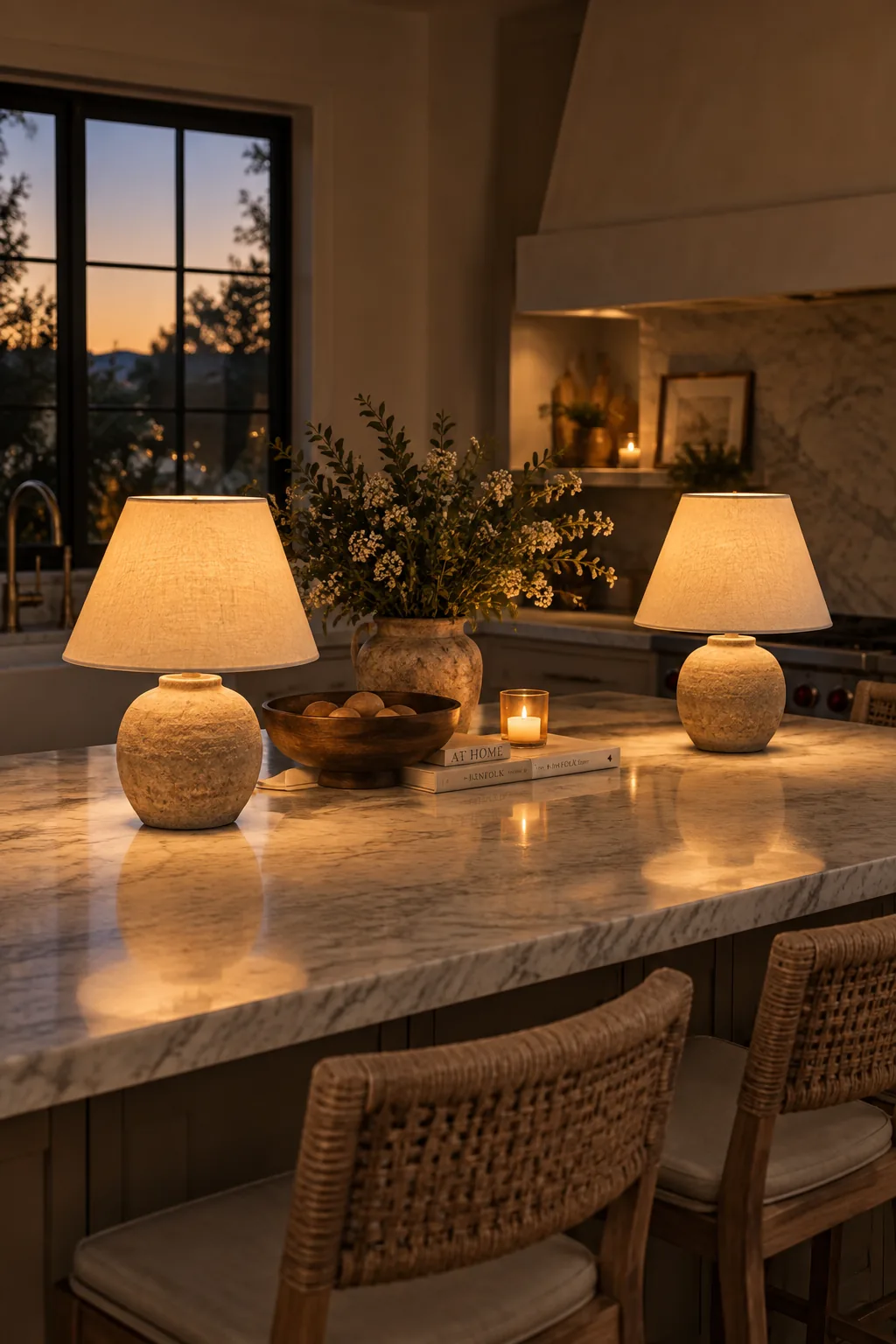 Two small cordless table lamps illuminating the ends of a dark kitchen island at night