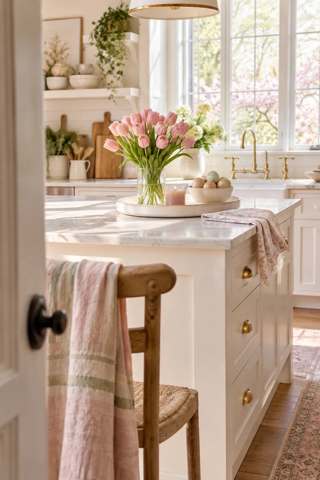 White ceramic tray styled with pink tulips, a pastel candle, and floral recipe cards