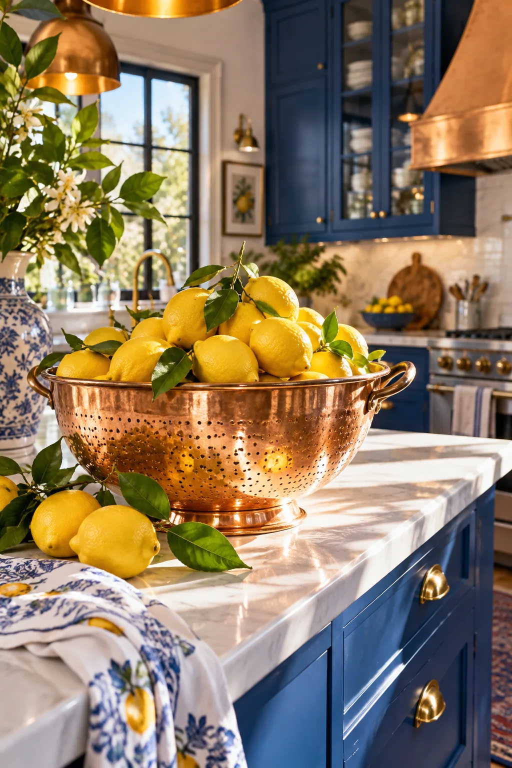 Shiny copper colander overflowing with bright yellow lemons on a kitchen island