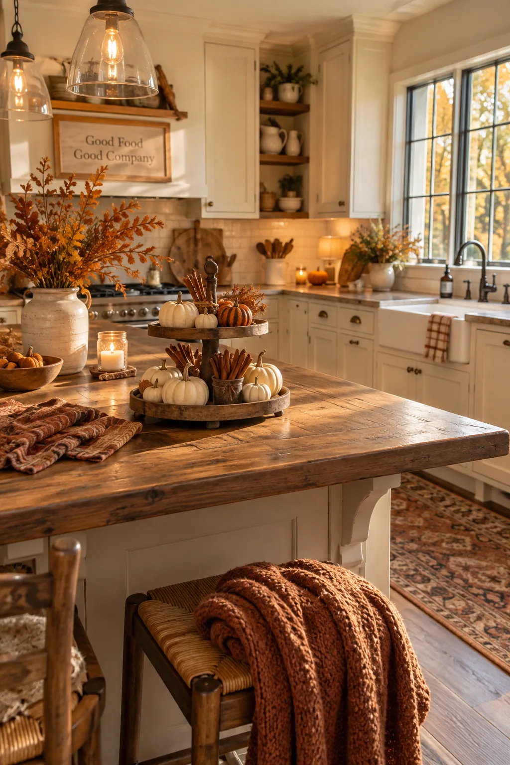 Two-tiered wooden stand decorated with mini white pumpkins and cinnamon sticks