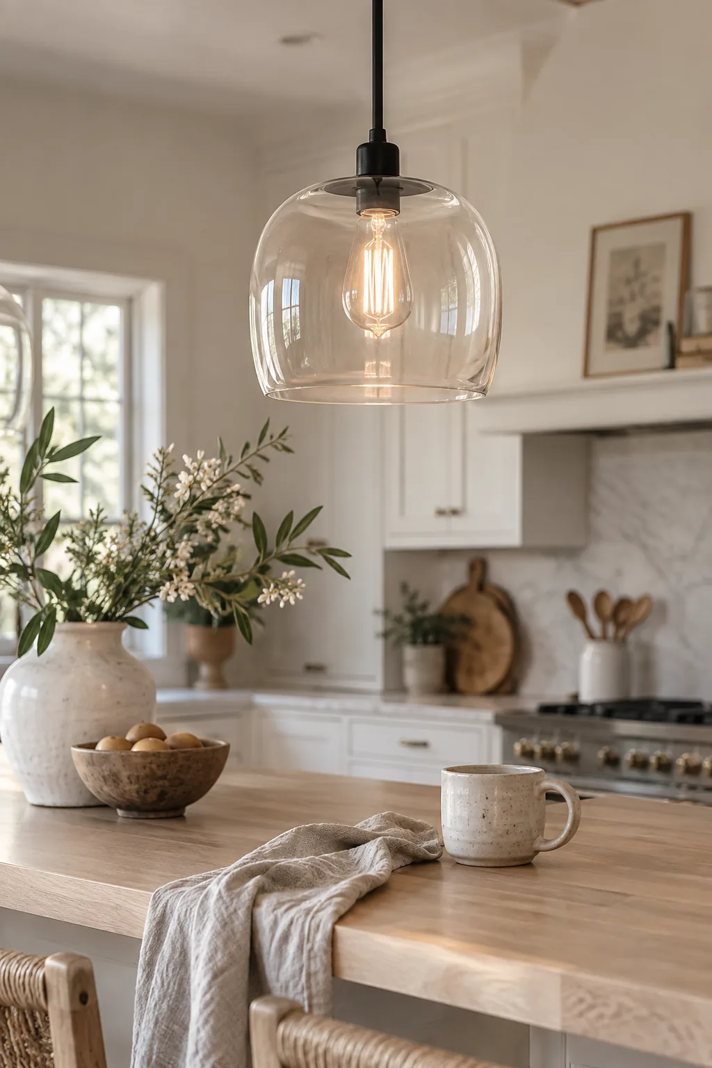 Three clear glass pendant lights hanging over a white kitchen island