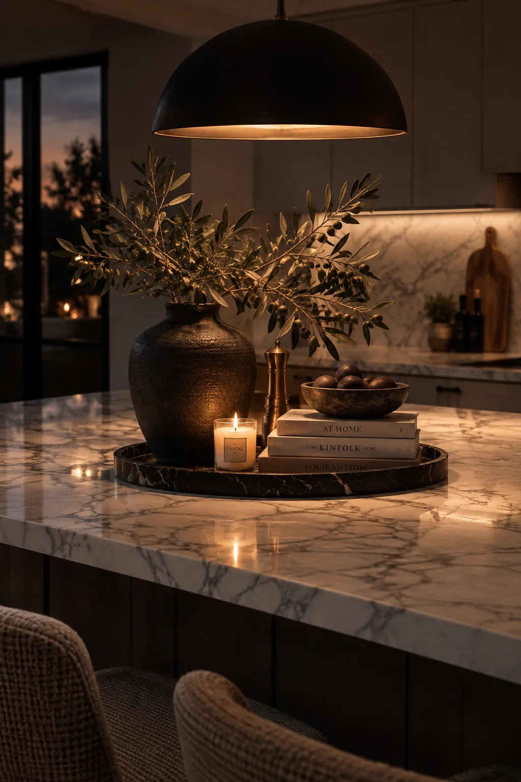 Matte black dome pendants illuminating a kitchen island with marble counters