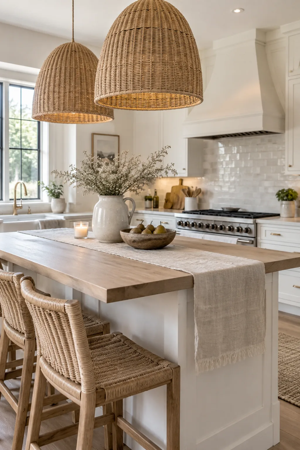 Two large woven rattan pendants hanging above a bright kitchen island