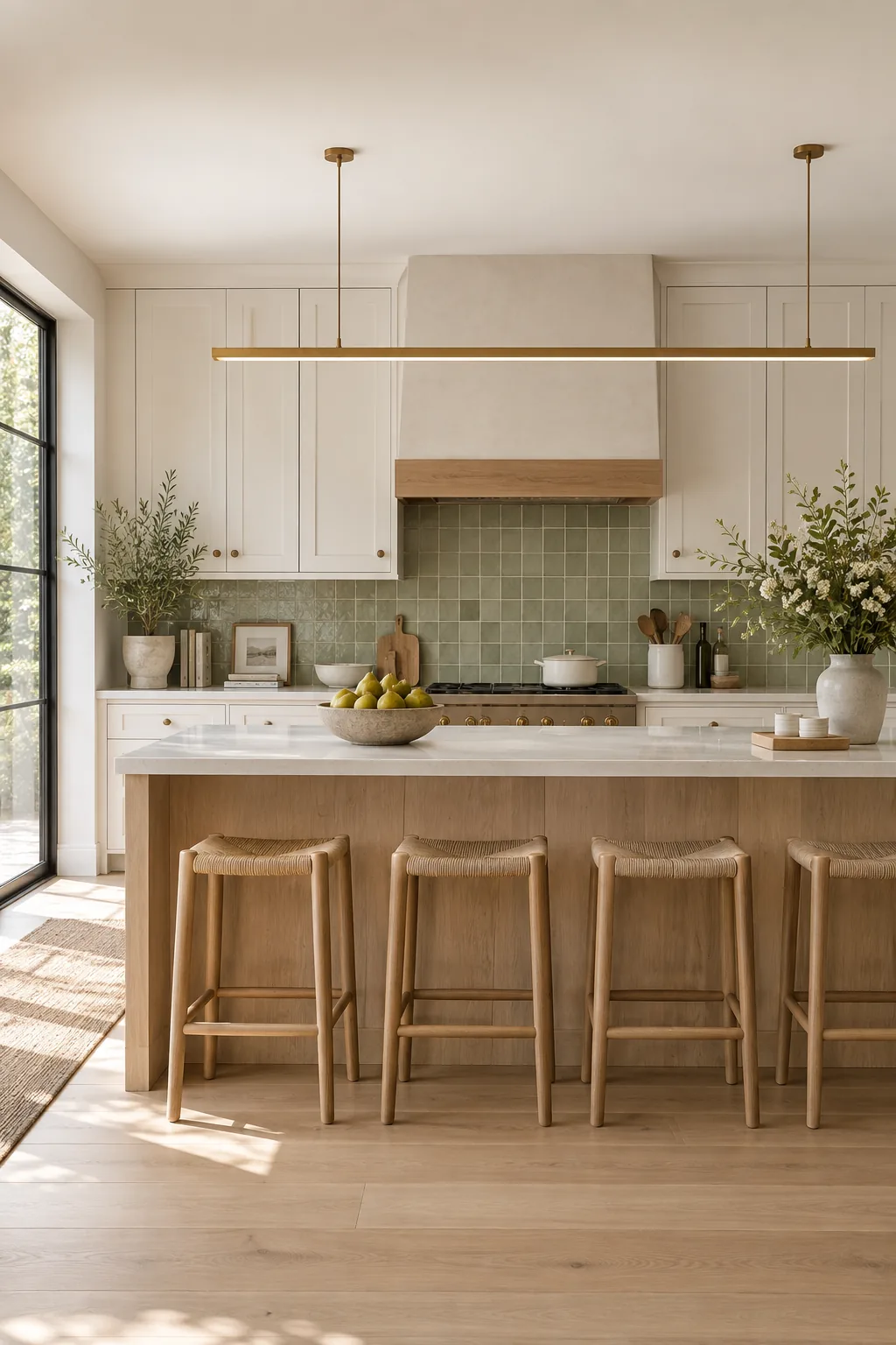 A sleek brass linear chandelier suspended over a modern kitchen island