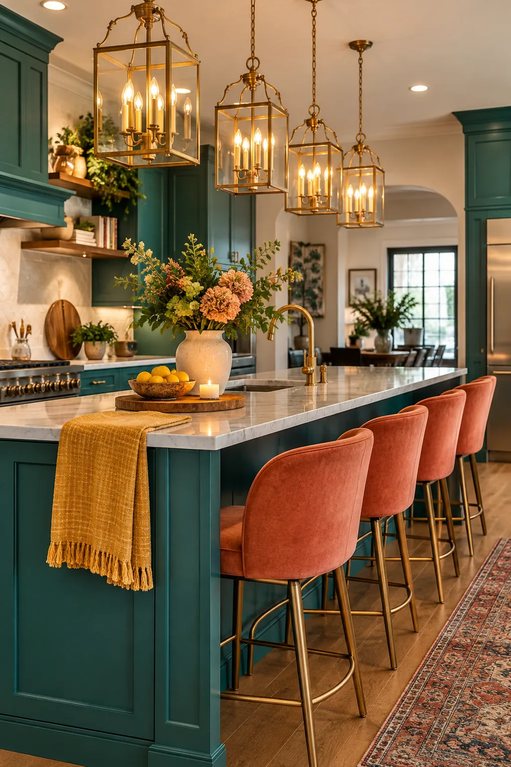 Three brass lantern pendants spaced evenly above a traditional kitchen island