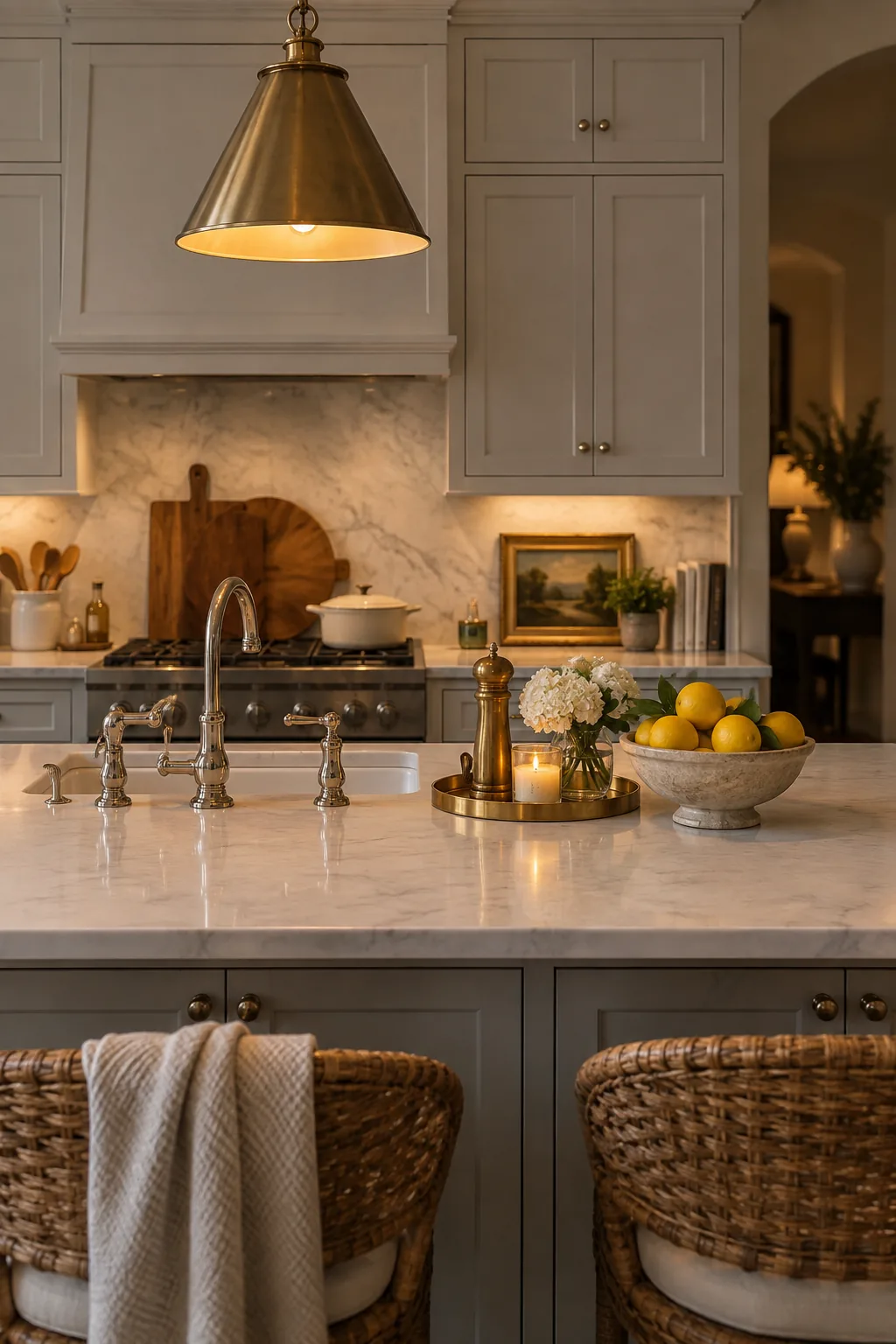 Brass pendant lights hanging in a kitchen with polished nickel cabinet hardware