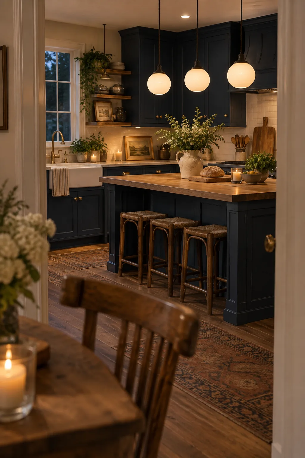 Three milk glass globe pendants hanging from black cords over an island