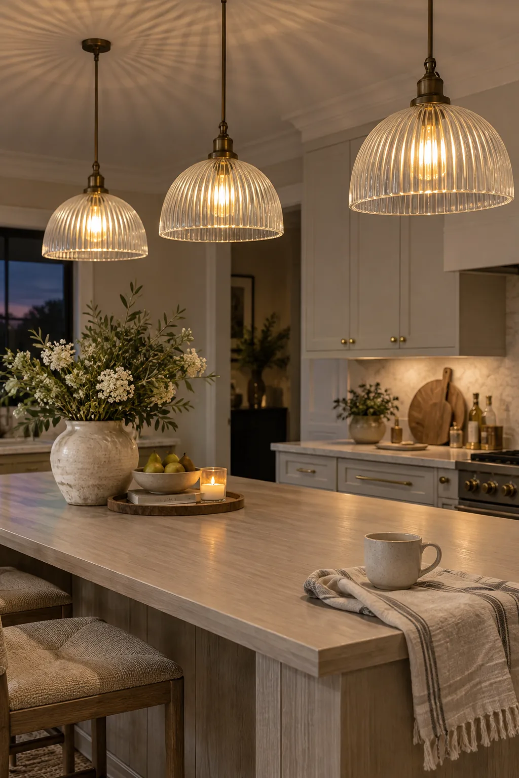 Fluted glass pendant lights hanging above a modern kitchen counter