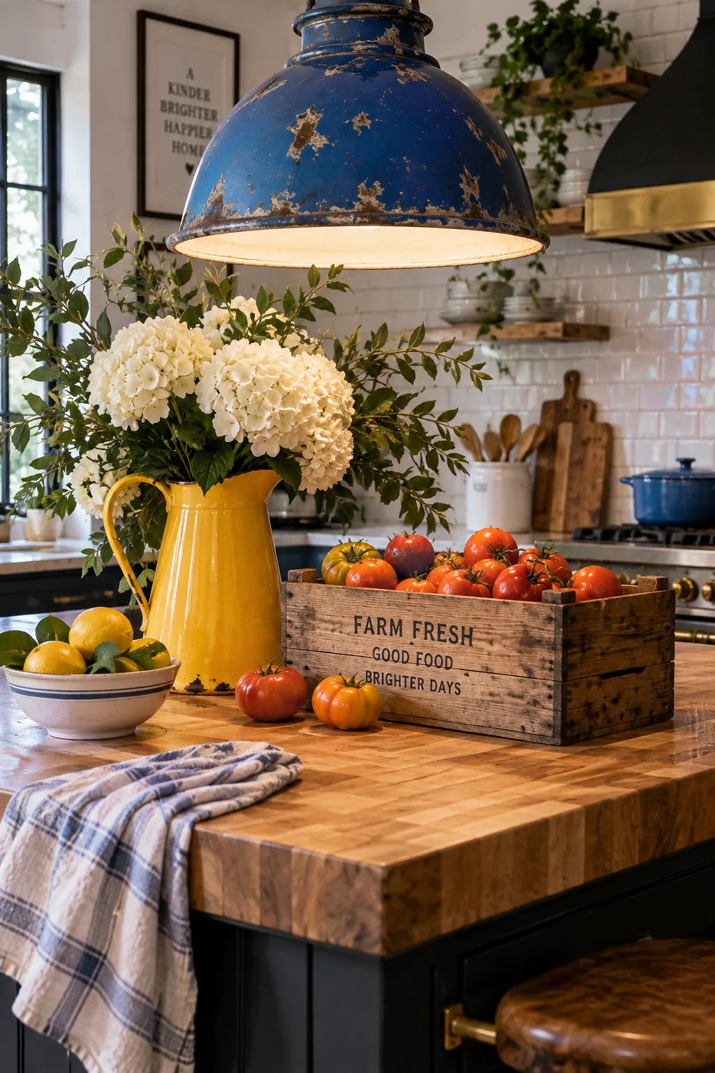 Large industrial enamel dome lights hanging in a farmhouse kitchen