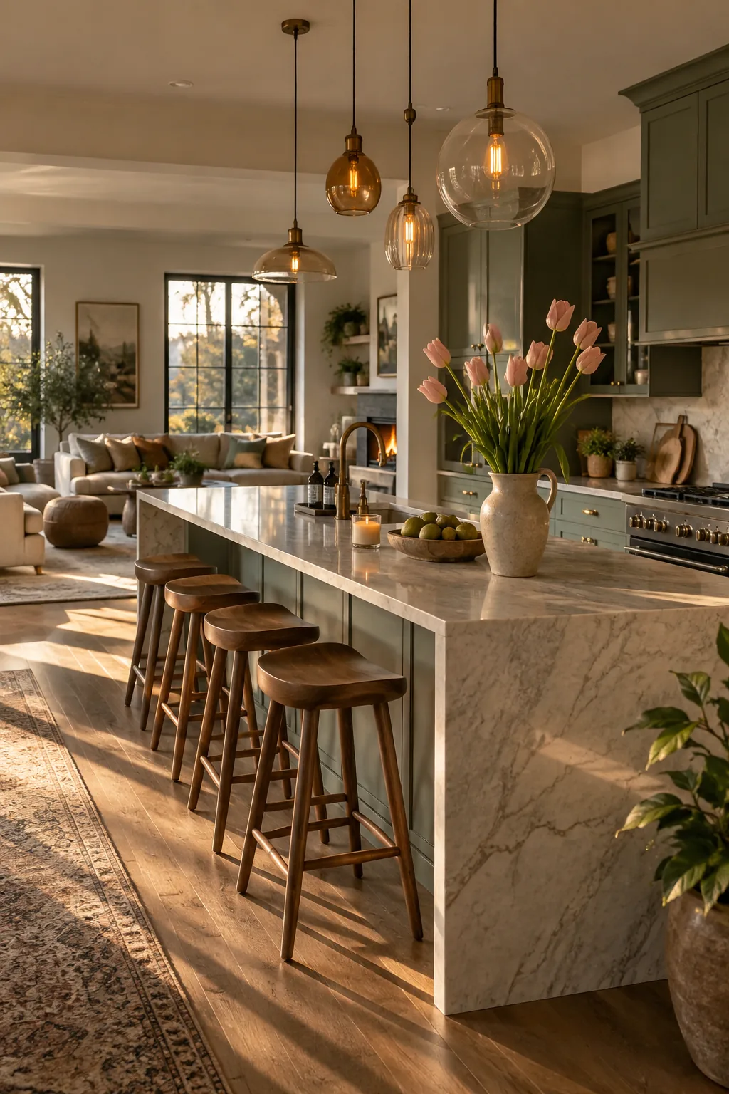 A cluster of different sized pendant lights hanging asymmetrically over a kitchen island