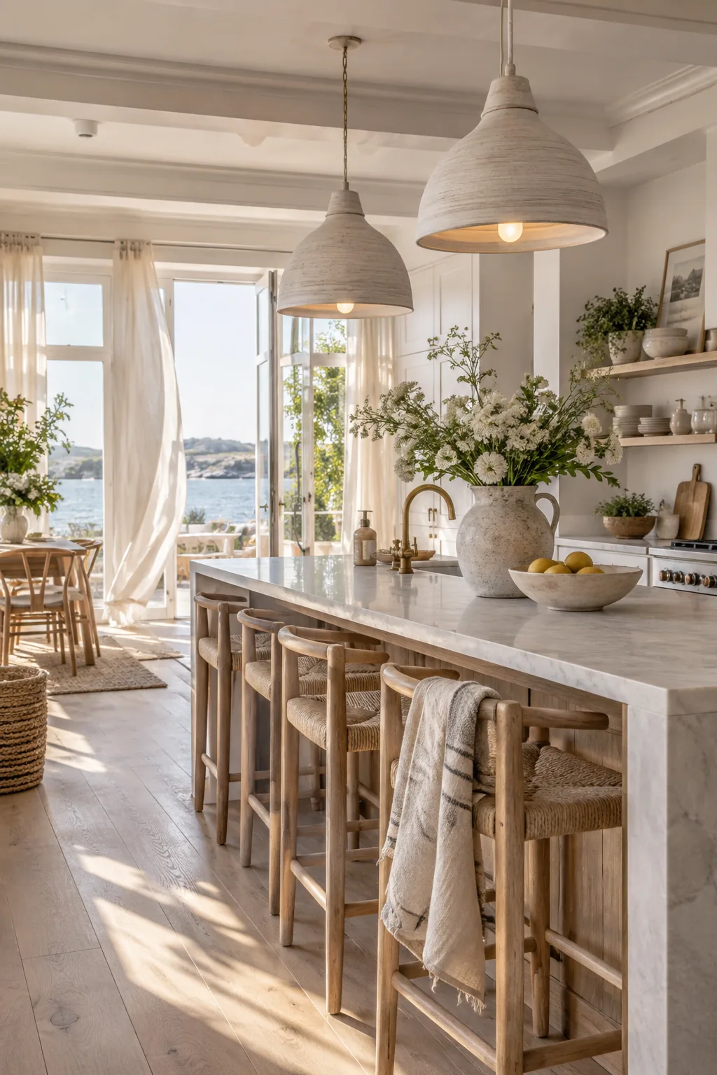 Whitewashed wooden pendant lights hanging over a coastal kitchen island