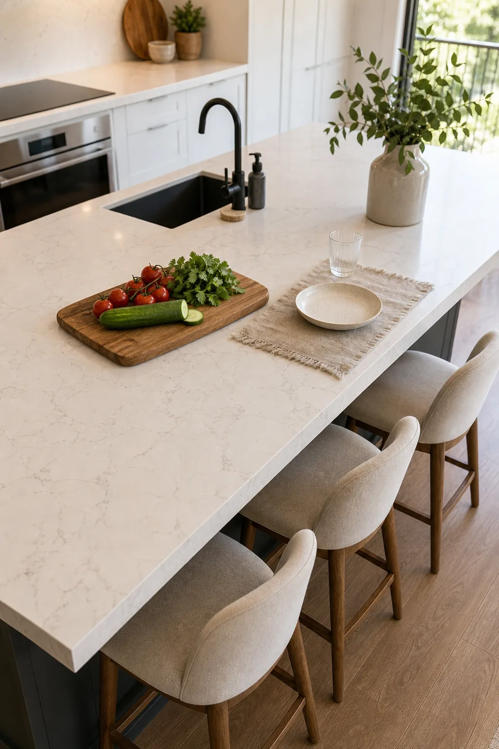 Overhead view of a kitchen island showing a cutting board on one side and a placemat on the other.