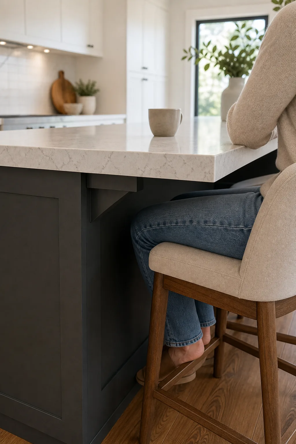 Profile view of a person's legs comfortably fitting under a deep kitchen island overhang.