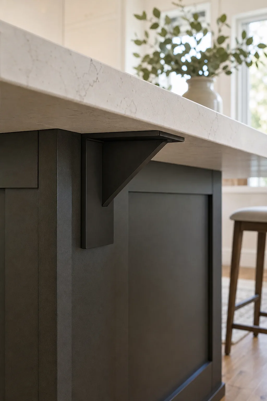Close-up underneath a kitchen counter showing a flat steel bracket supporting the stone.