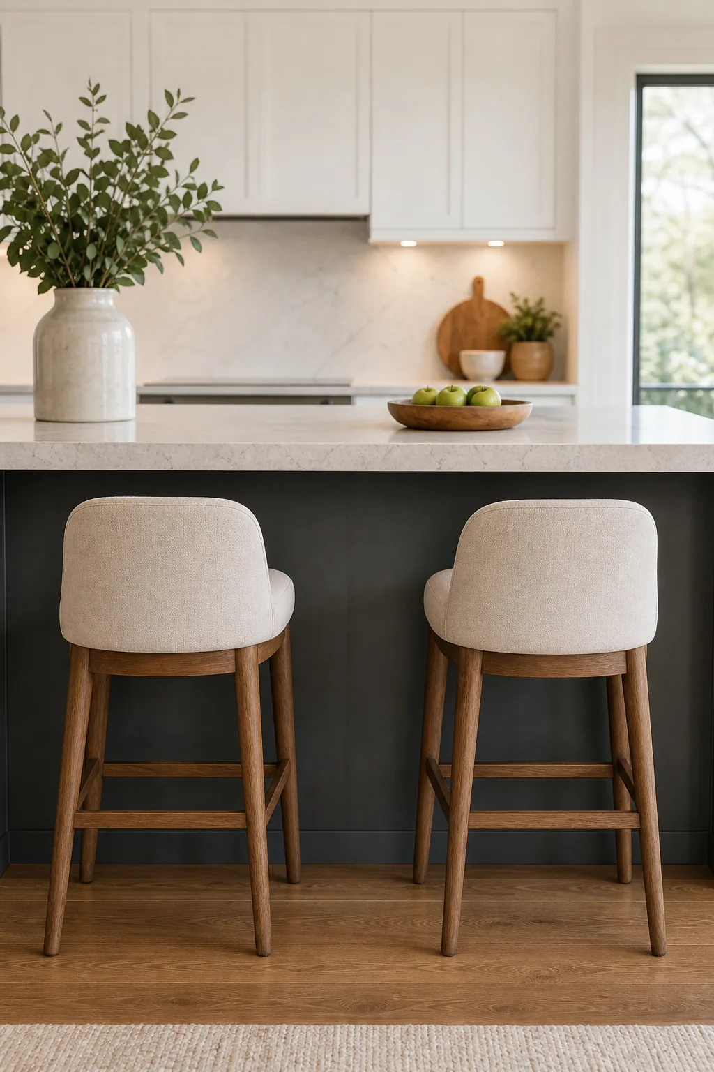 Two upholstered counter stools placed side-by-side with generous spacing between them.