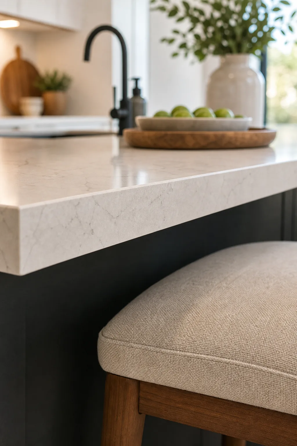 Close-up of a stool seat positioned at the correct height just below the countertop edge.