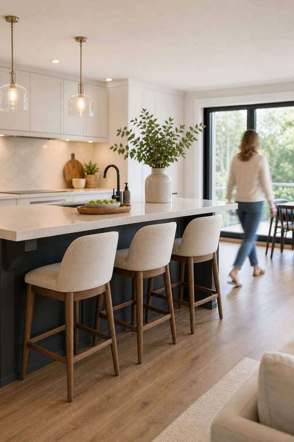 A person walking through a wide, clear walkway behind a row of seated kitchen stools.