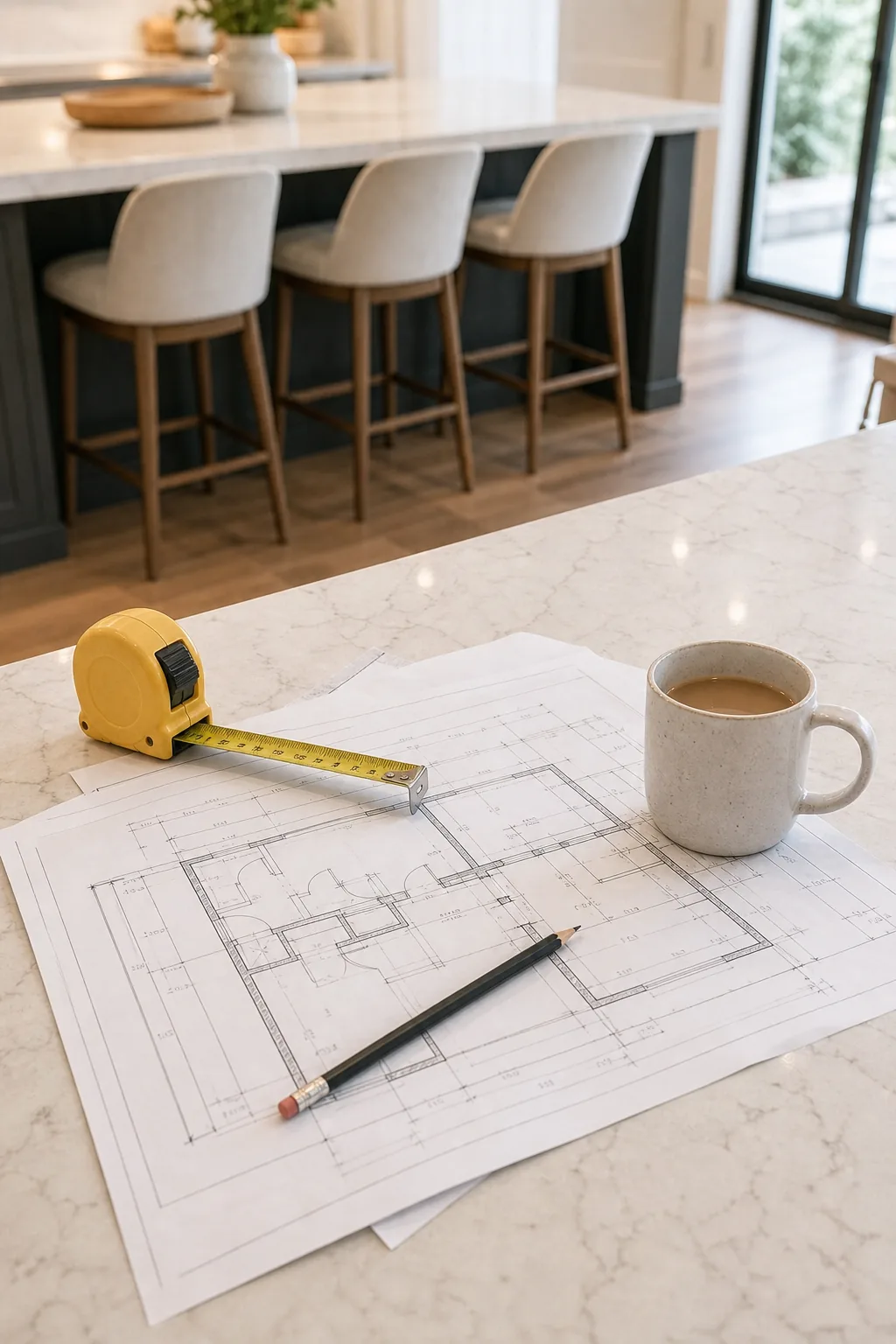 A tape measure, pencil, and blueprints laid out on a clean white quartz countertop.