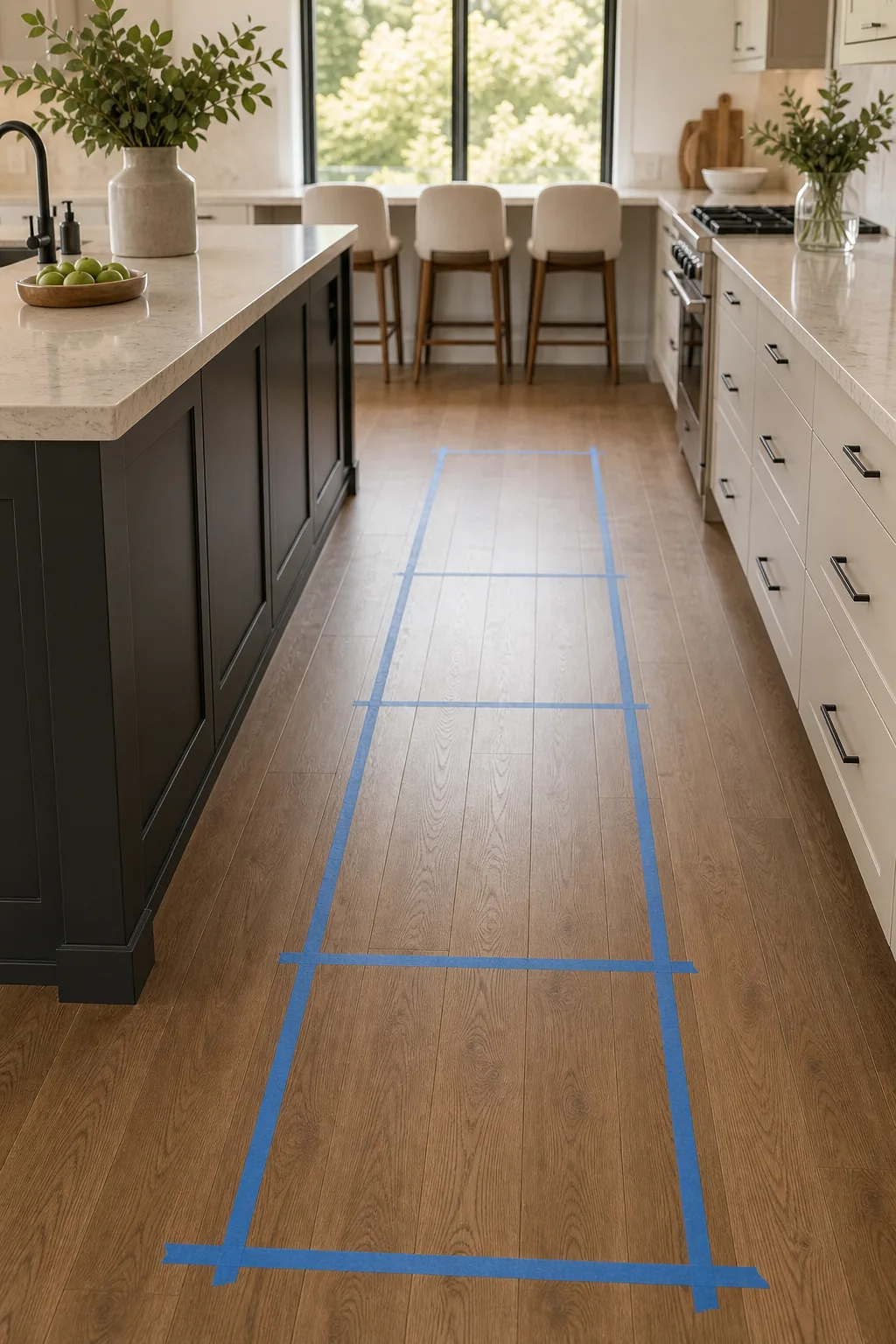 Blue painter's tape marking a kitchen island layout on a light wood floor.