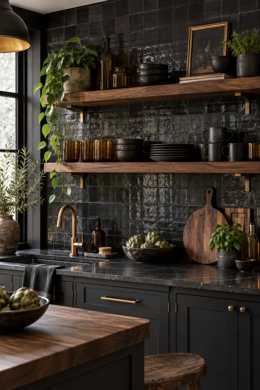 Dark walnut shelves mounted on matte black zellige tile, holding amber glassware and black ceramics.