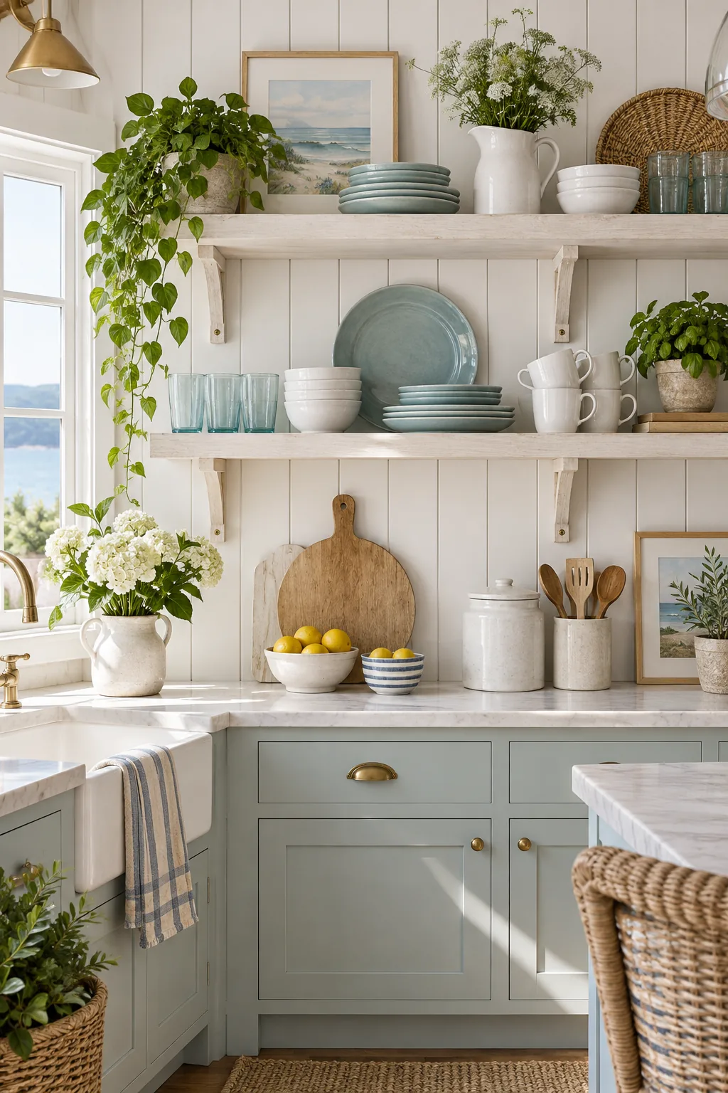 Whitewashed pine shelves on white vertical shiplap, styled with light blue plates and white ceramics.