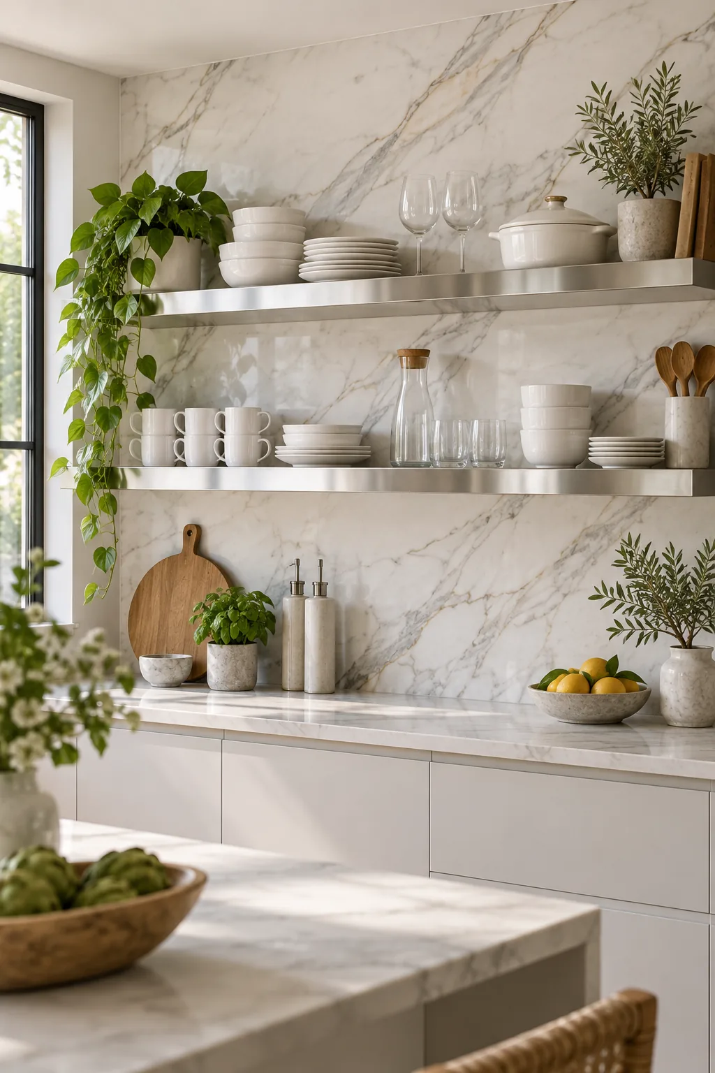 Sleek stainless steel floating shelves mounted on a seamless marble slab, holding minimal white porcelain dishes.
