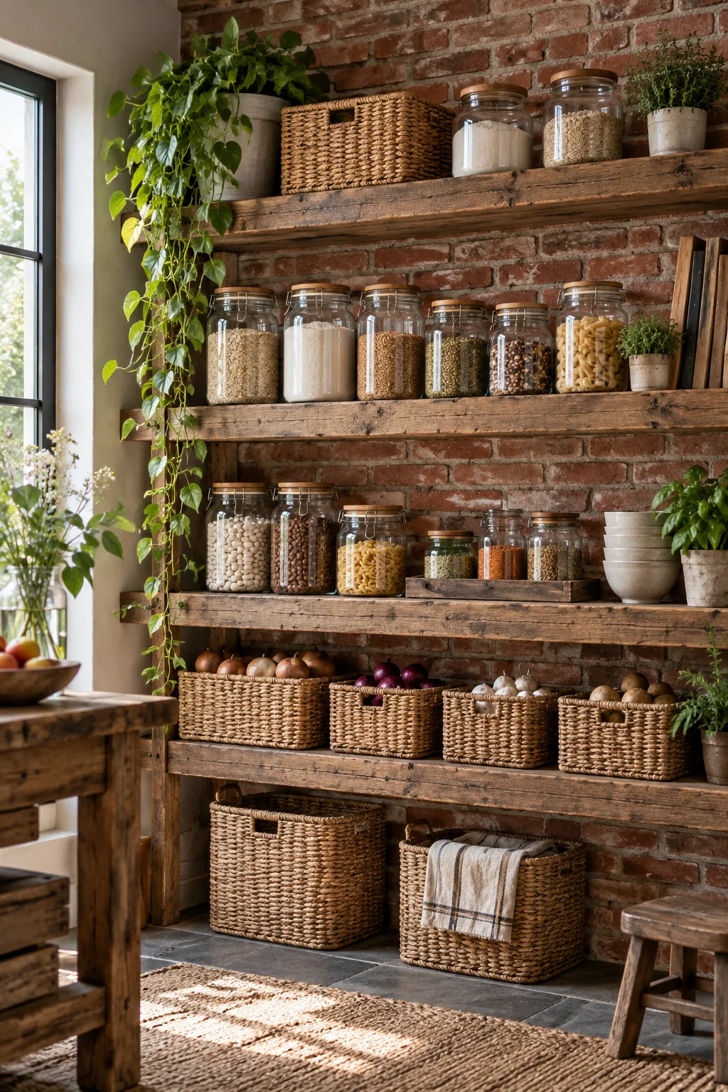 Reclaimed barn wood shelves mounted on exposed red brick, filled with glass pantry jars and woven baskets.