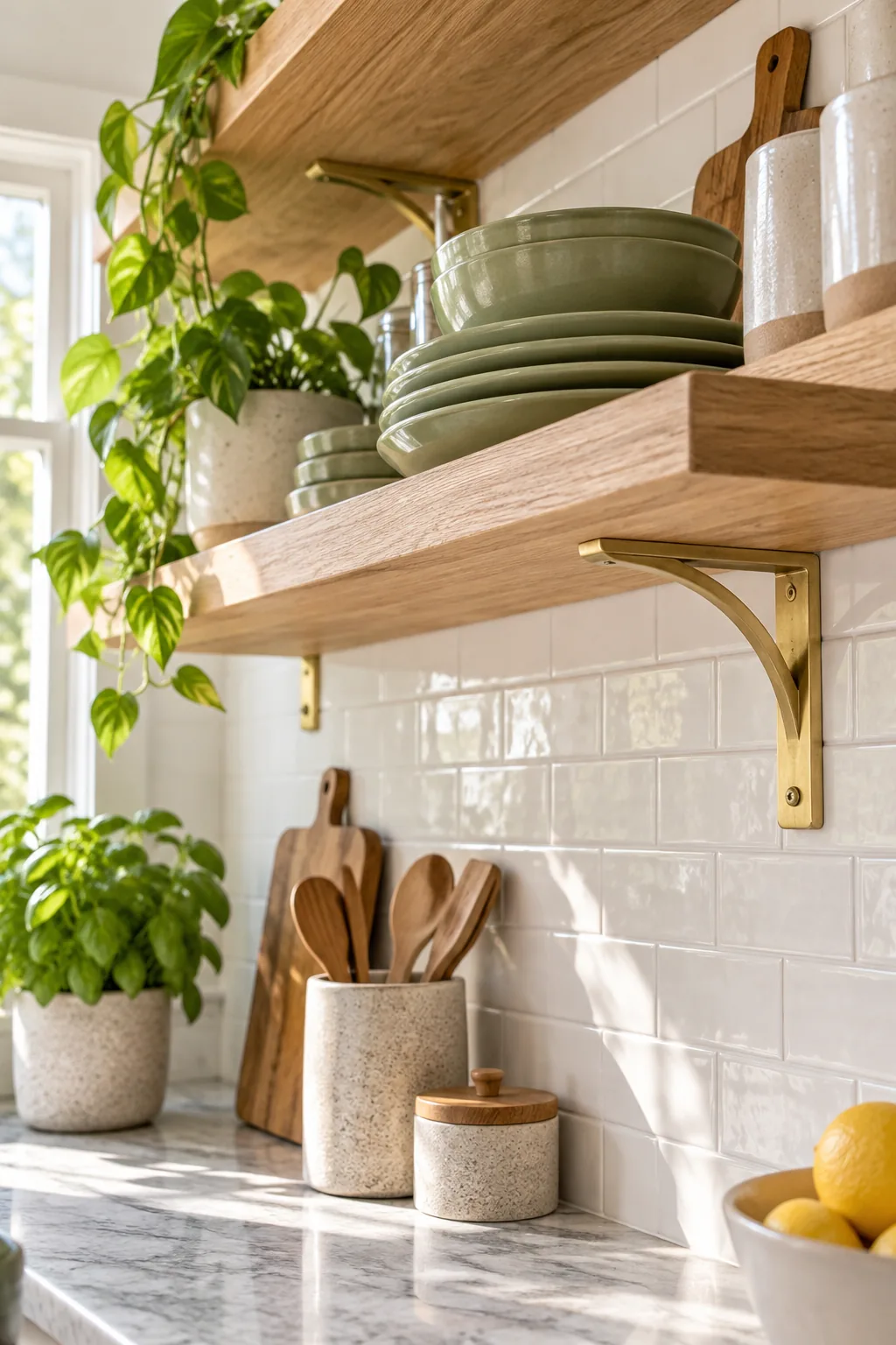 A solid brass mounting bracket attached to a white subway tile wall, holding up a thick oak shelf.