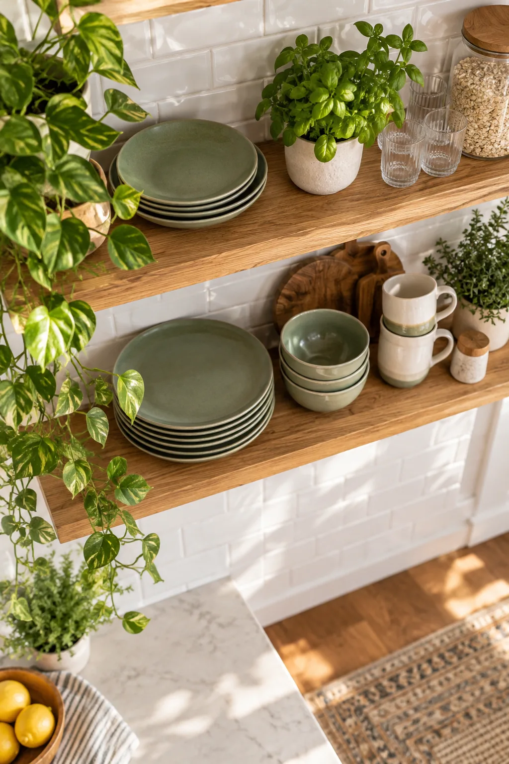 Side profile of a thick oak shelf with a stack of green dinner plates sitting perfectly flush with the front edge.