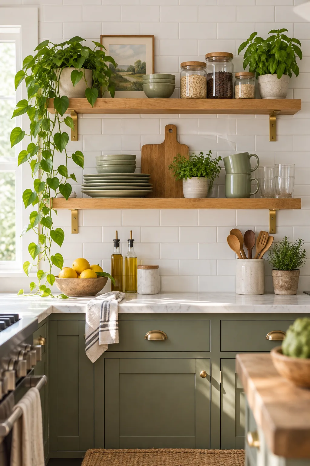 Two parallel oak shelves against white tile, showing a generous vertical gap framed by plants and mugs.