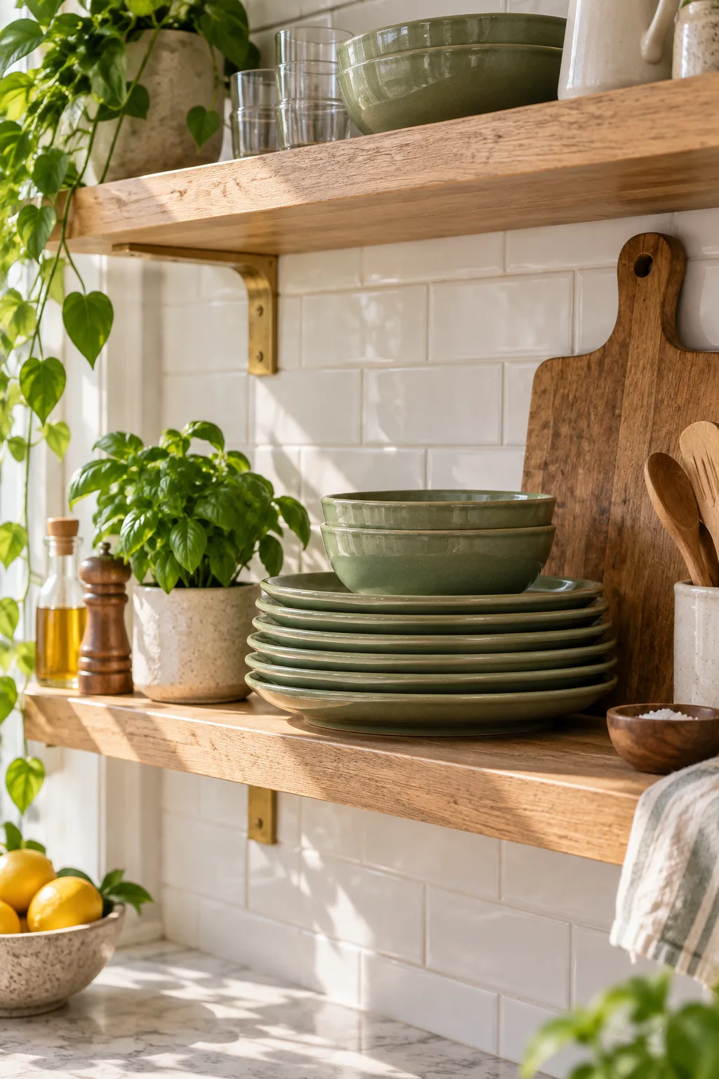 A heavy stack of sage green ceramic plates and nested bowls sitting on the lowest oak kitchen shelf.
