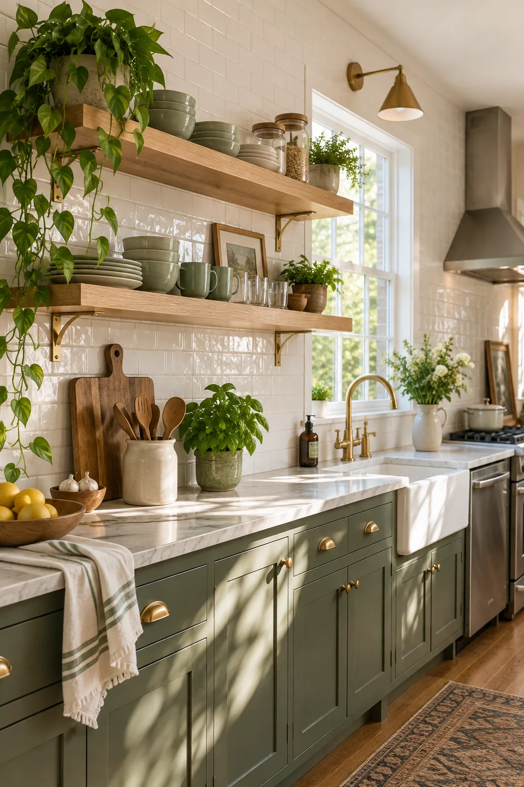 A beautifully styled set of open oak kitchen shelves against white tile, filled with green ceramics and fresh basil.
