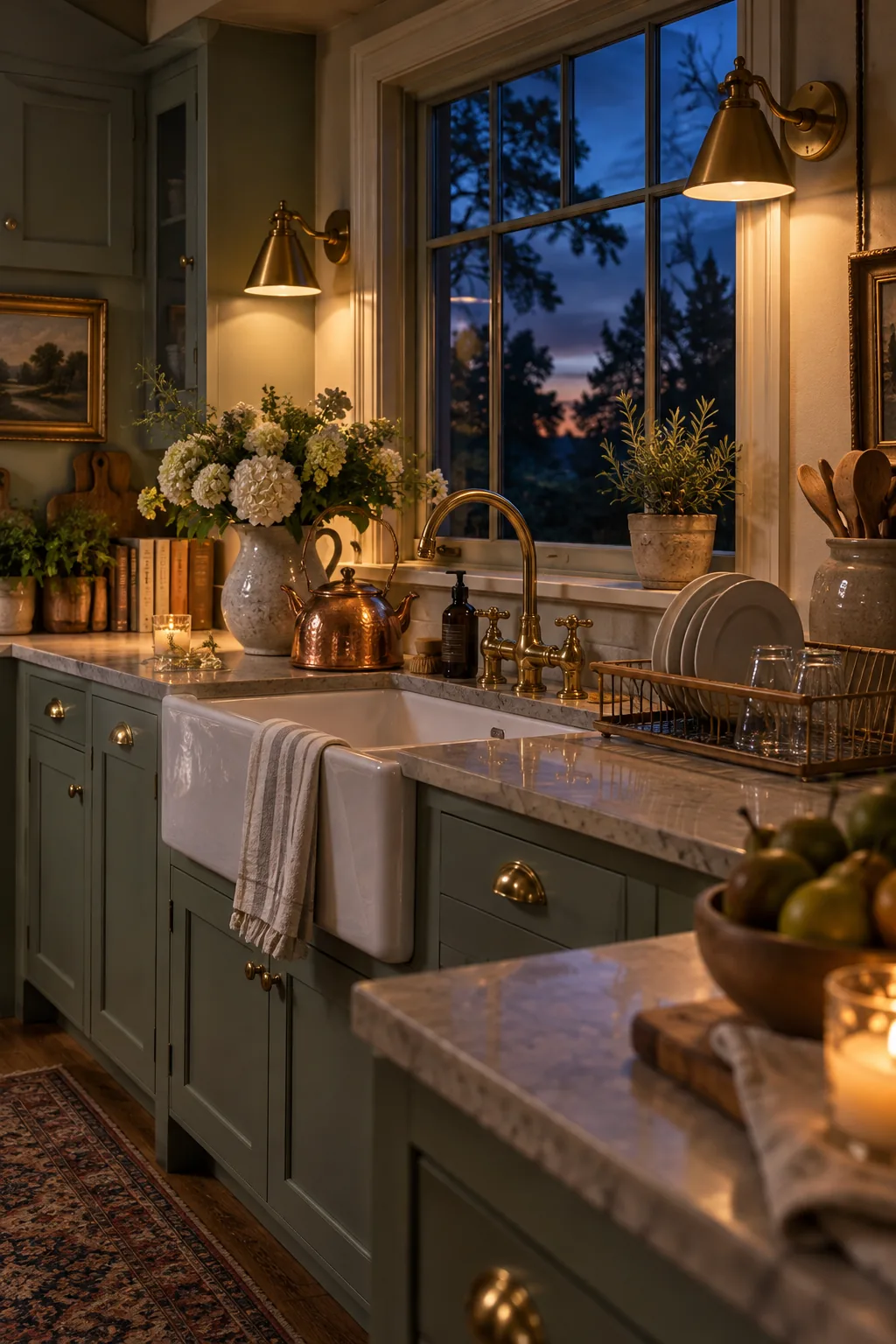 Two brass wall sconces flanking a kitchen window over a white farmhouse sink.