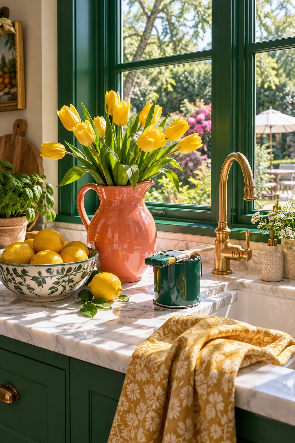 Kitchen window over a sink painted in dark charcoal gray contrasting with white walls.